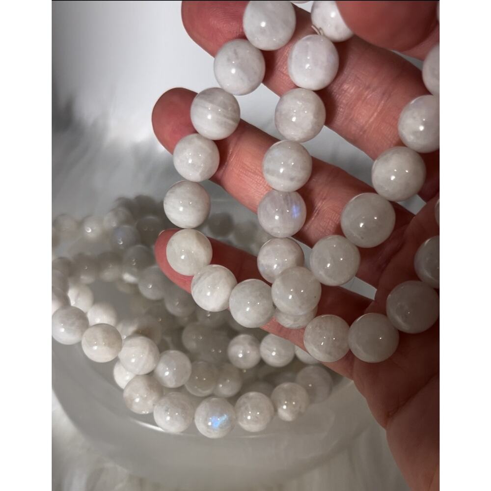 White Moonstone Bead Bracelets | 9.5-10.5mm Beads | Blue Flash | Stretchy